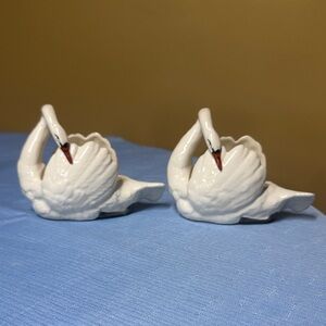 Czechoslovakian Porcelain White Swan Figurine Bowls set of 2 Circle Stamp Czech